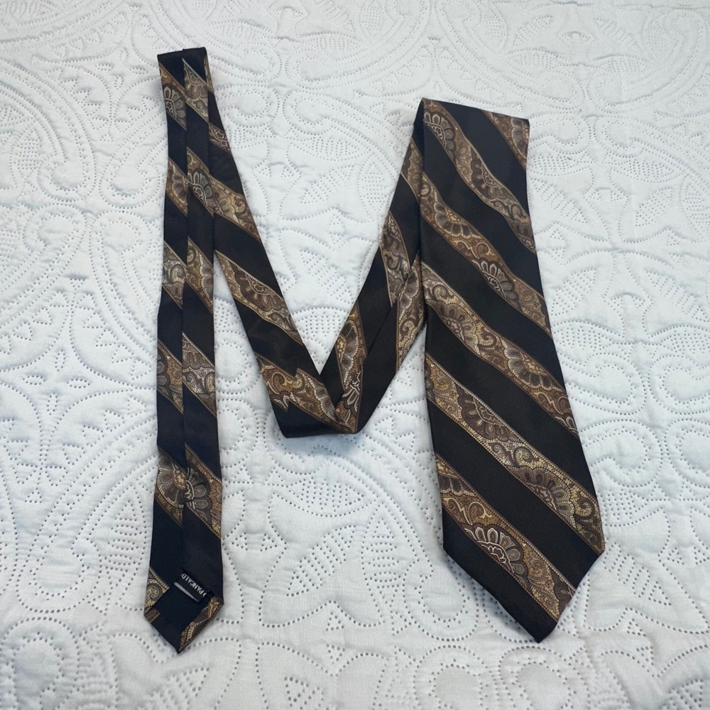 Vitaliano Pancaldi Italy Silk Tie Black Gold Paisley Diagonal Stripe Mens